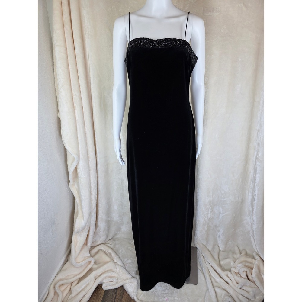 Vintage Y2K Delaru Boutique Black Velvet Beaded Formal Dress 11/12